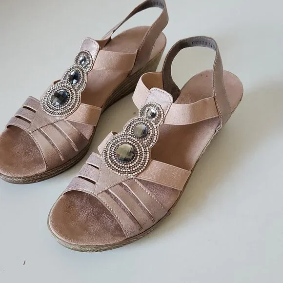 RIEKER | Women's Fanni 59 Sandals Espadrilles Wedges Pink Silver Sz 40 - Picture 3 of 7